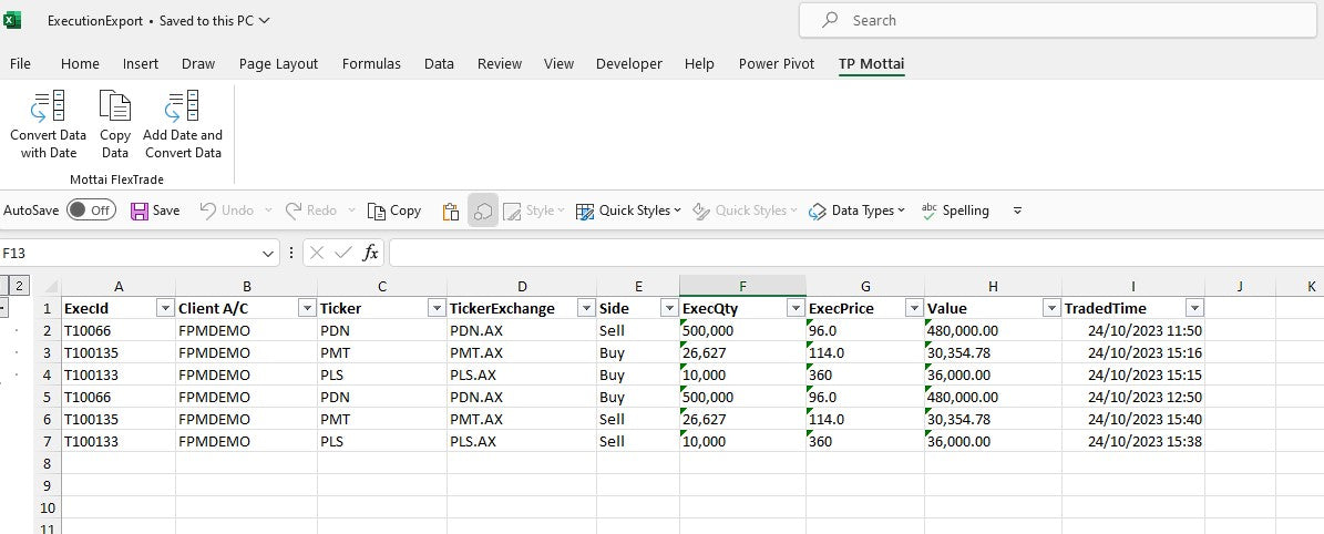 Mottai FlexTrade Excel Add-In